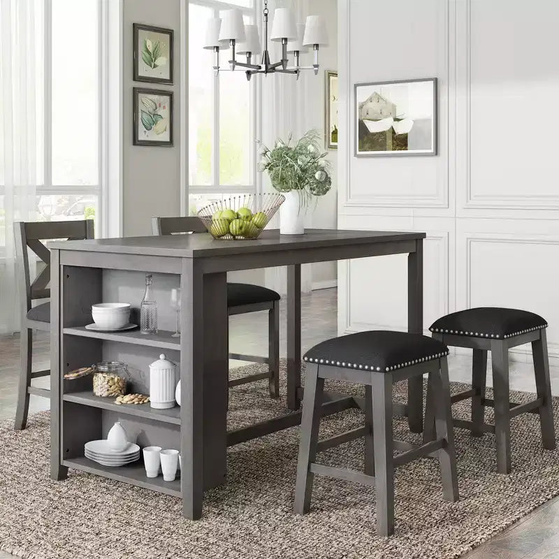 Set da pranzo alto per 4 persone, tavolo da bar in legno con ripiano portaoggetti e 2 sgabelli e 2 sedie per piccoli spazi