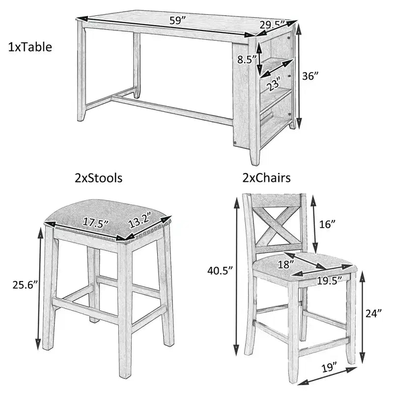Set da pranzo alto per 4 persone, tavolo da bar in legno con ripiano portaoggetti e 2 sgabelli e 2 sedie per piccoli spazi