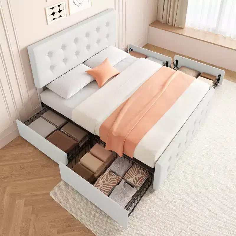 Cadre de lit avec 4 tiroirs de rangement et tête de lit, plateforme de lit rembourrée en similicuir avec support de lattes en bois, pas besoin de sommier tapissier