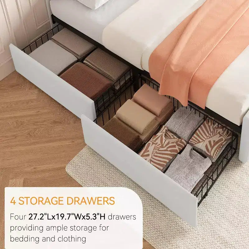 Cadre de lit avec 4 tiroirs de rangement et tête de lit, plateforme de lit rembourrée en similicuir avec support de lattes en bois, pas besoin de sommier tapissier
