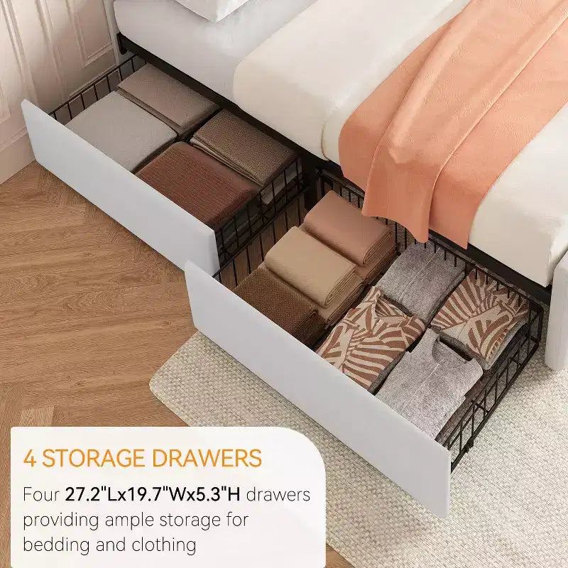 Cadre de lit avec 4 tiroirs de rangement et tête de lit, plateforme de lit rembourrée en similicuir avec support de lattes en bois, pas besoin de sommier tapissier