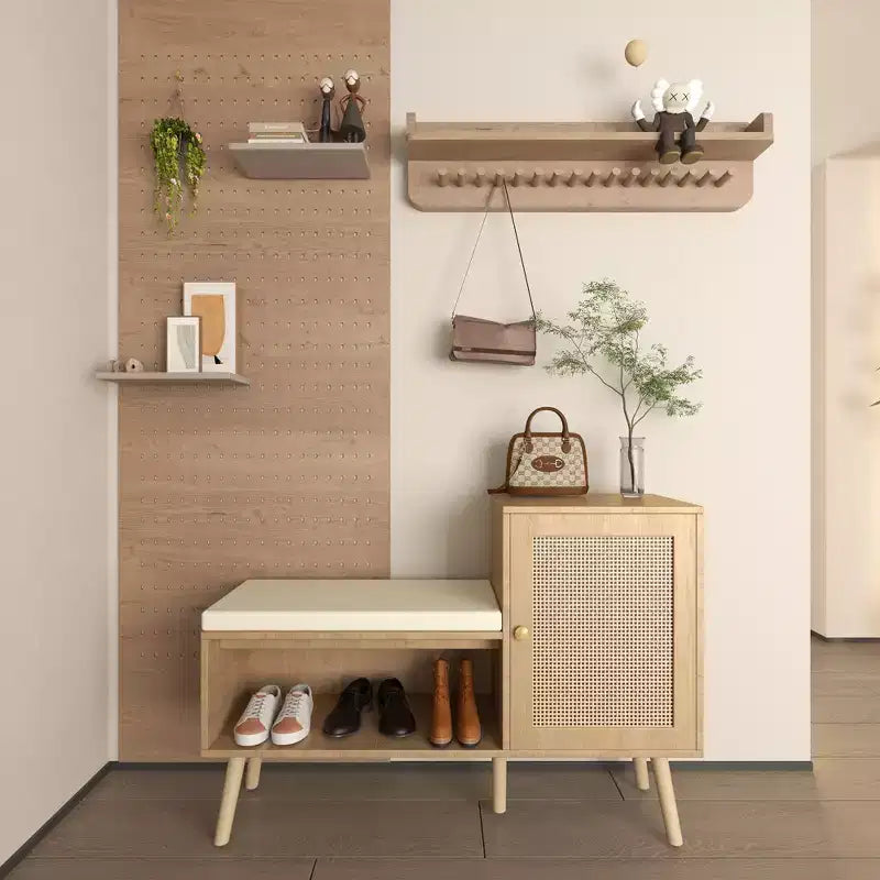 Panca scarpiera 2 in 1, scarpiera in rattan PP con 2 ripiani regolabili e cuscino di seduta rimovibile, organizer per scarpe