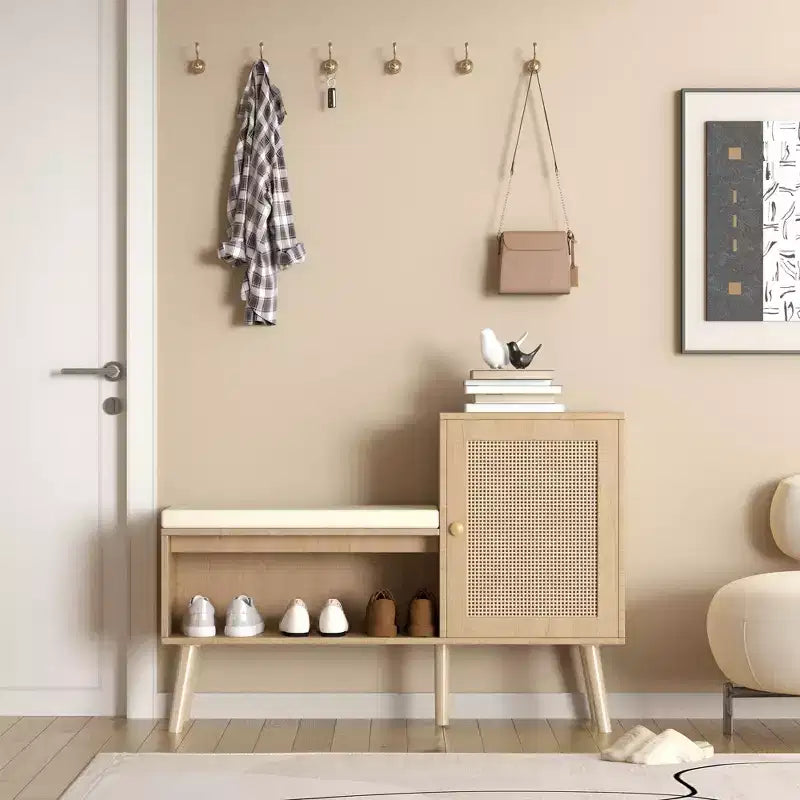 Panca scarpiera 2 in 1, scarpiera in rattan PP con 2 ripiani regolabili e cuscino di seduta rimovibile, organizer per scarpe