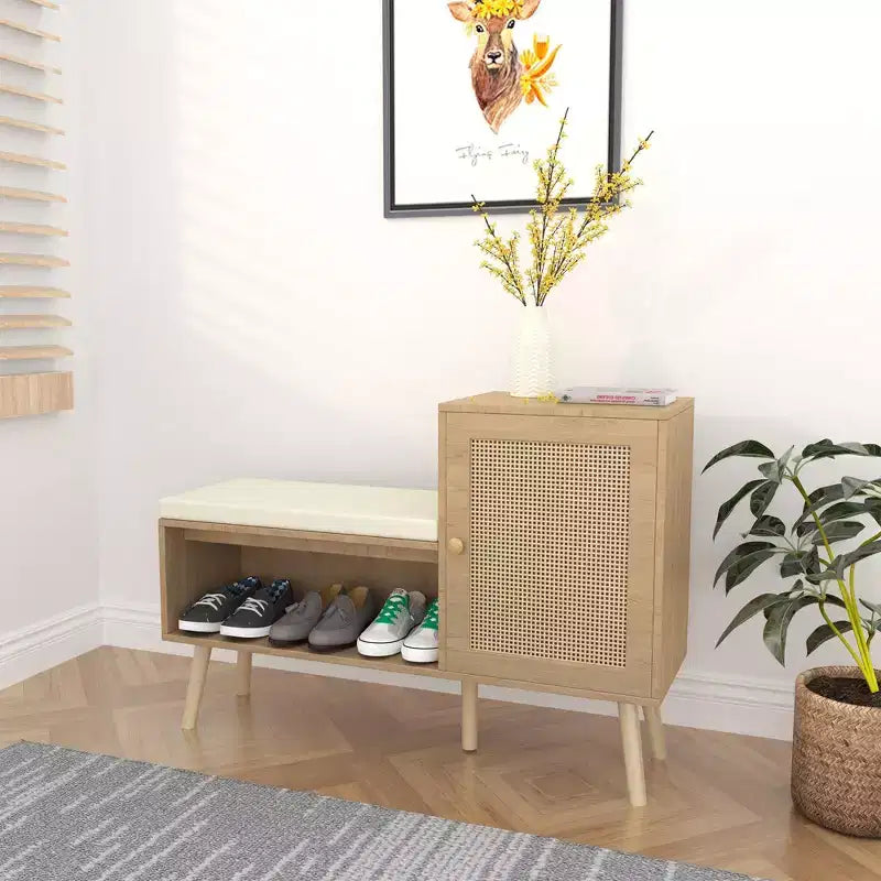 Panca scarpiera 2 in 1, scarpiera in rattan PP con 2 ripiani regolabili e cuscino di seduta rimovibile, organizer per scarpe
