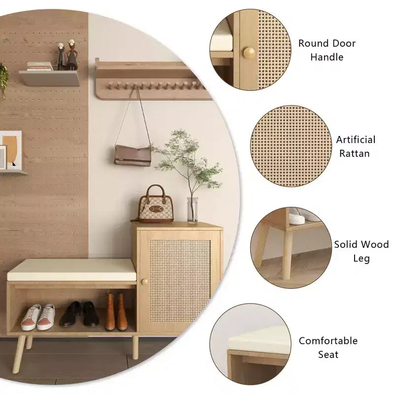 Panca scarpiera 2 in 1, scarpiera in rattan PP con 2 ripiani regolabili e cuscino di seduta rimovibile, organizer per scarpe