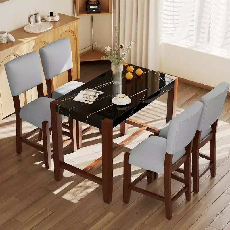 Set da pranzo per 4 persone con tavolo ad altezza bancone in marmo, set da 5 pezzi con tavolo da bar e 4 sedie imbottite per sala da pranzo, pub, cucina, piccoli spazi