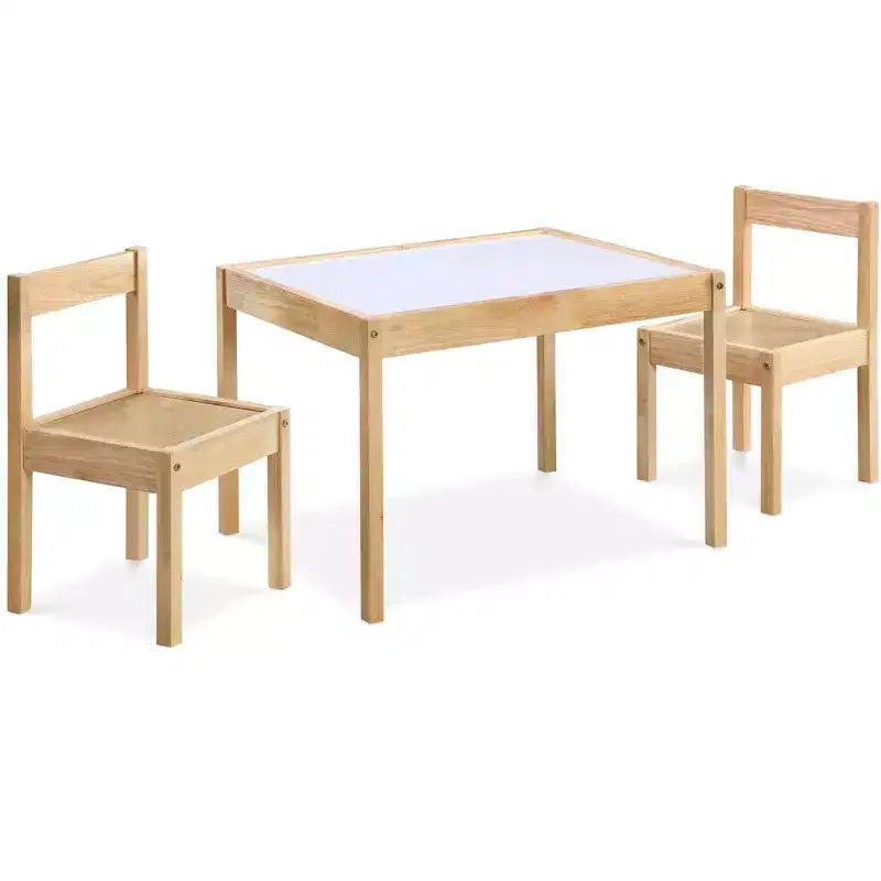 Etokfoks Set Tavolo e 2 Sedie per Bambini in 3 Pezzi con Piano del Tavolo Cancellabile a Secco, Legno Massello, Finitura Naturale Durevole
