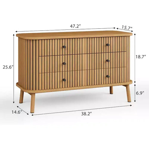 Commode 6 tiroirs pour chambre à coucher, commode double, commode en bois de style bohème avec poignées noires, table de chevet pour dressing, salon