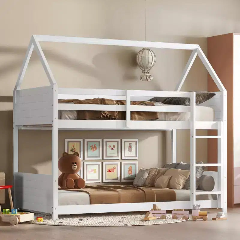 Letto a Castello a una Piazza su Piazza con Testiere e Pediera per Bambini e Ragazzi, Struttura del Letto a Castello in Legno a Forma di Casa con Ringhiera e Scaletta