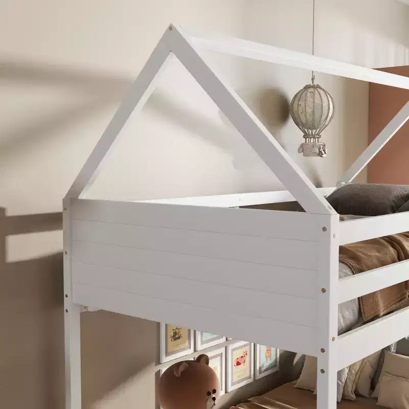 Letto a Castello a una Piazza su Piazza con Testiere e Pediera per Bambini e Ragazzi, Struttura del Letto a Castello in Legno a Forma di Casa con Ringhiera e Scaletta