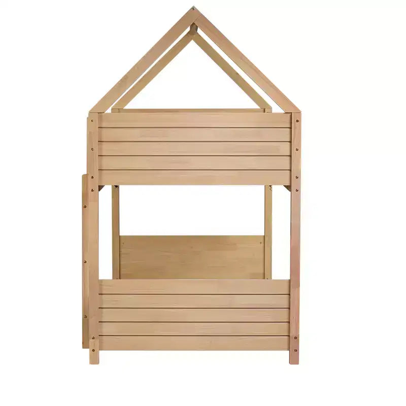Letto a Castello a una Piazza su Piazza con Testiere e Pediera per Bambini e Ragazzi, Struttura del Letto a Castello in Legno a Forma di Casa con Ringhiera e Scaletta