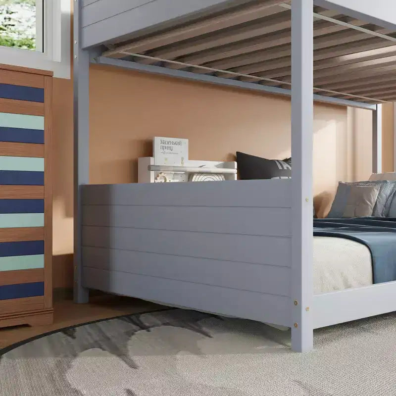 Letto a Castello a una Piazza su Piazza con Testiere e Pediera per Bambini e Ragazzi, Struttura del Letto a Castello in Legno a Forma di Casa con Ringhiera e Scaletta