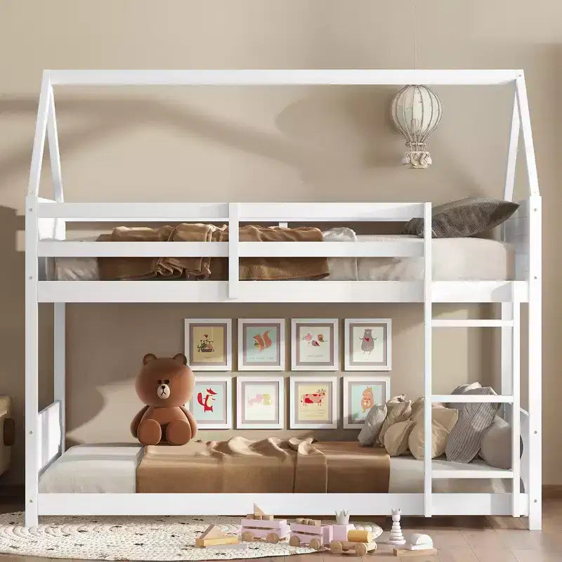 Letto a Castello a una Piazza su Piazza con Testiere e Pediera per Bambini e Ragazzi, Struttura del Letto a Castello in Legno a Forma di Casa con Ringhiera e Scaletta