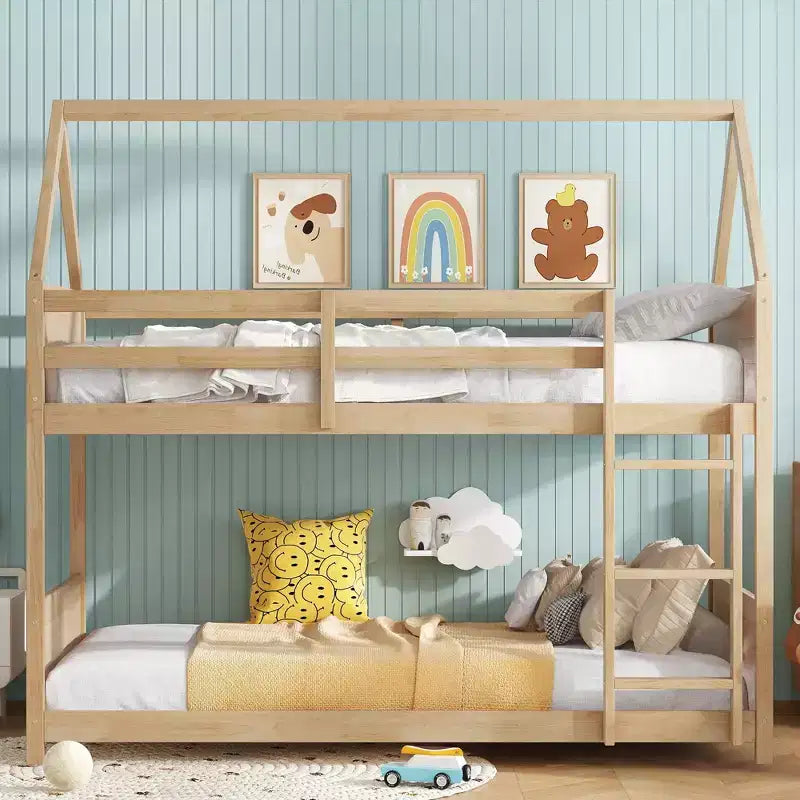 Letto a Castello a una Piazza su Piazza con Testiere e Pediera per Bambini e Ragazzi, Struttura del Letto a Castello in Legno a Forma di Casa con Ringhiera e Scaletta