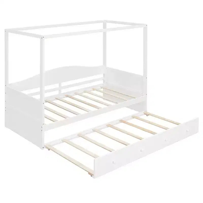 Bellemave Lettino a baldacchino singolo con rotelle, Struttura letto in legno salvaspazio per camera da letto.