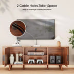 Mobile TV con Bordo Curvo Finitura Noce, Consolle Multimediale per TV da 65 Pollici, Credenza Moderna con Ante Scanalate e Contenitore, Mobile Soggiorno Mid-Century