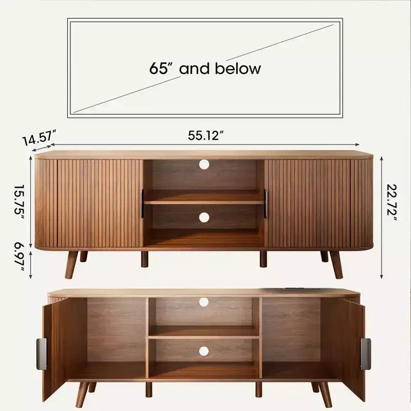 Mobile TV con Bordo Curvo Finitura Noce, Consolle Multimediale per TV da 65 Pollici, Credenza Moderna con Ante Scanalate e Contenitore, Mobile Soggiorno Mid-Century