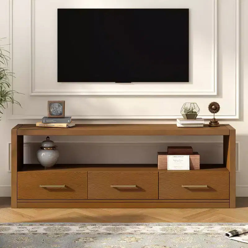 Mobile TV Whisen e console multimediale scanalata, elegante mobile TV con 3 cassetti, maniglie minimaliste in metallo - Marrone