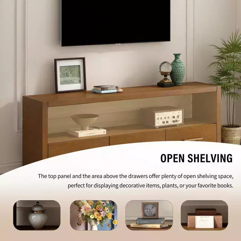 Mobile TV Whisen e console multimediale scanalata, elegante mobile TV con 3 cassetti, maniglie minimaliste in metallo - Marrone