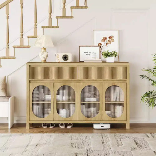 55 inch Sideboard Buffet Cabinet with Storage, Modern Farmhouse Coffee Bar Cabinet with 4 Oval Glass Doors, 2 Drawers, Wood Console Table