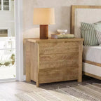 Comodino Lantine a 3 cassetti, comodino in legno in stile rustico per camera da letto, comodino grande e spazioso con cassetti, rovere