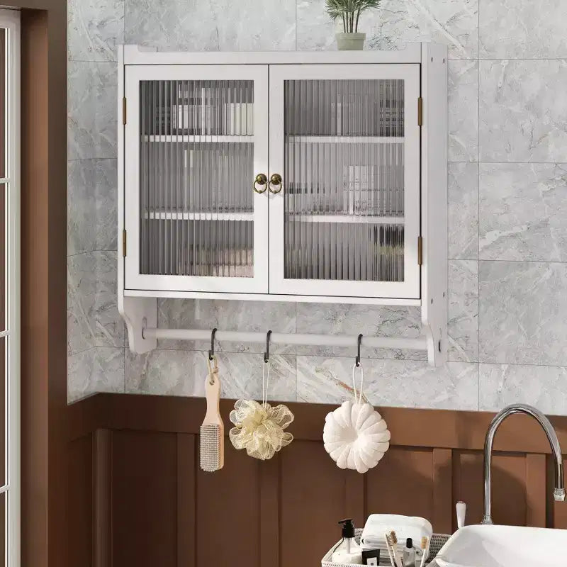 24.8Vetrinetta vintage a doppia anta con tre ripiani e portasciugamani, per bagno, cucina, sala da pranzo