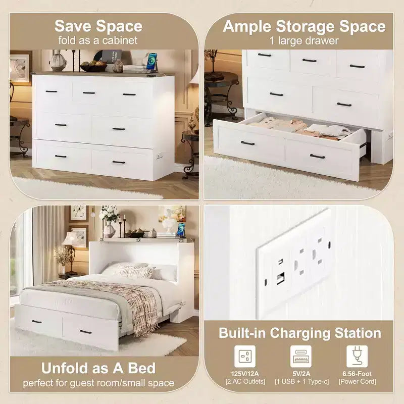 Mobile letto matrimoniale MAYEERTY con stazione di ricarica, piattaforma multifunzionale pieghevole con contenitore per camera degli ospiti, bianco