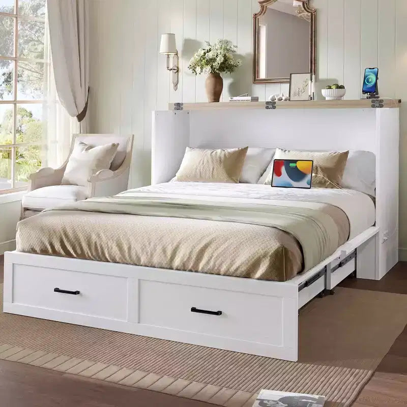 Mobile letto matrimoniale MAYEERTY con stazione di ricarica, piattaforma multifunzionale pieghevole con contenitore per camera degli ospiti, bianco