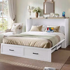 Mobile letto matrimoniale MAYEERTY con stazione di ricarica, piattaforma multifunzionale pieghevole con contenitore per camera degli ospiti, bianco