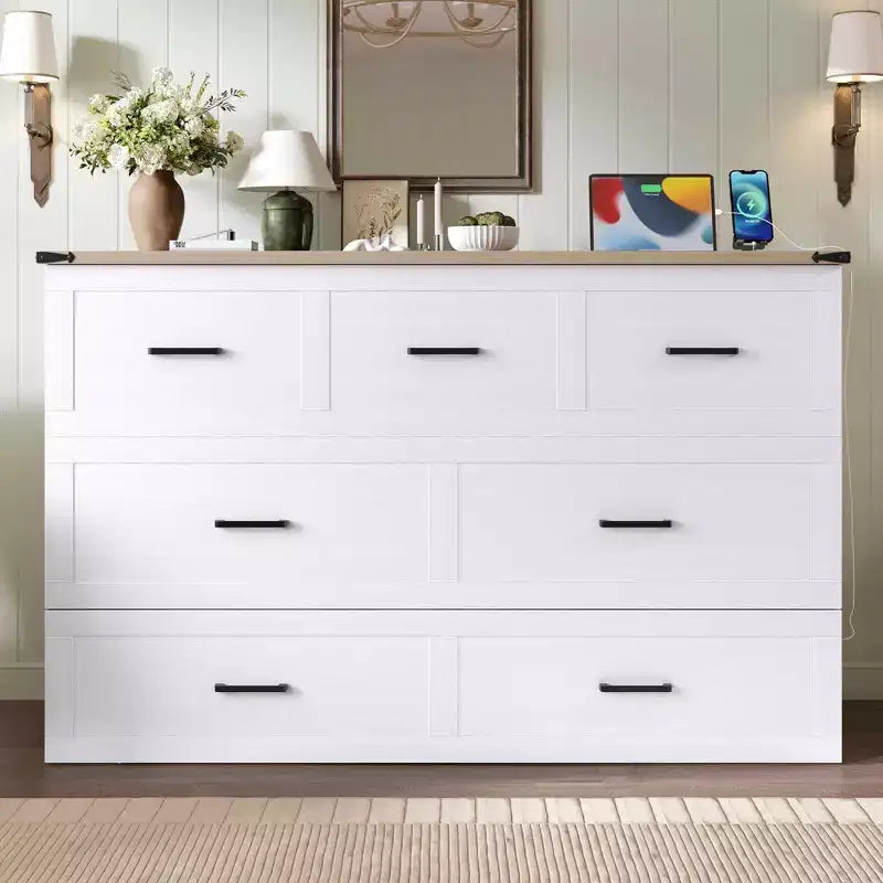 Mobile letto matrimoniale MAYEERTY con stazione di ricarica, piattaforma multifunzionale pieghevole con contenitore per camera degli ospiti, bianco