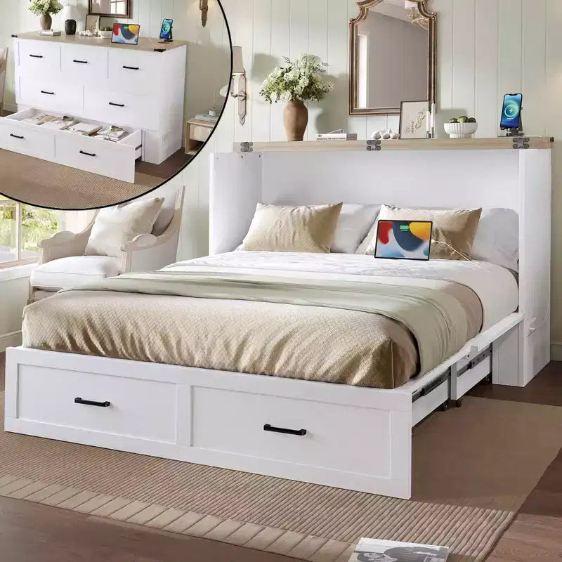 Mobile letto matrimoniale MAYEERTY con stazione di ricarica, piattaforma multifunzionale pieghevole con contenitore per camera degli ospiti, bianco