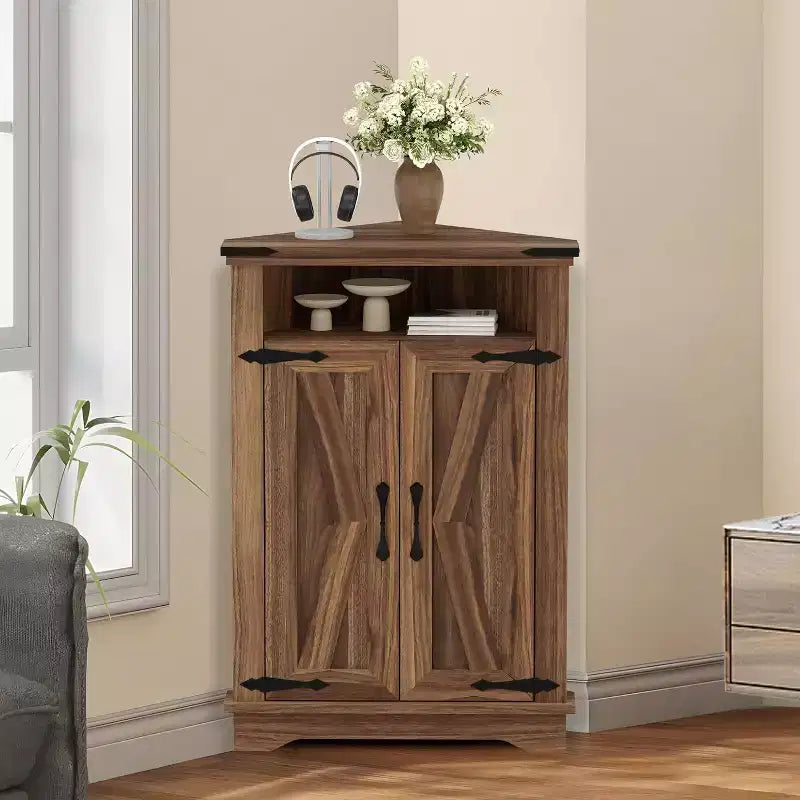 Corner Storage Cabinet with Barn Door, Farmhouse Style Floor Standing Corner Cabinet with Adjustable Shelves, Storage Cabinet for Home Office