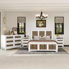 MAYEERTY 4 Pieces Bedroom Set, Queen Size Platform Bed with Wooden Strip Stickers Decor Storage Nightstand and Dresser Metal Handle for Bedroom White