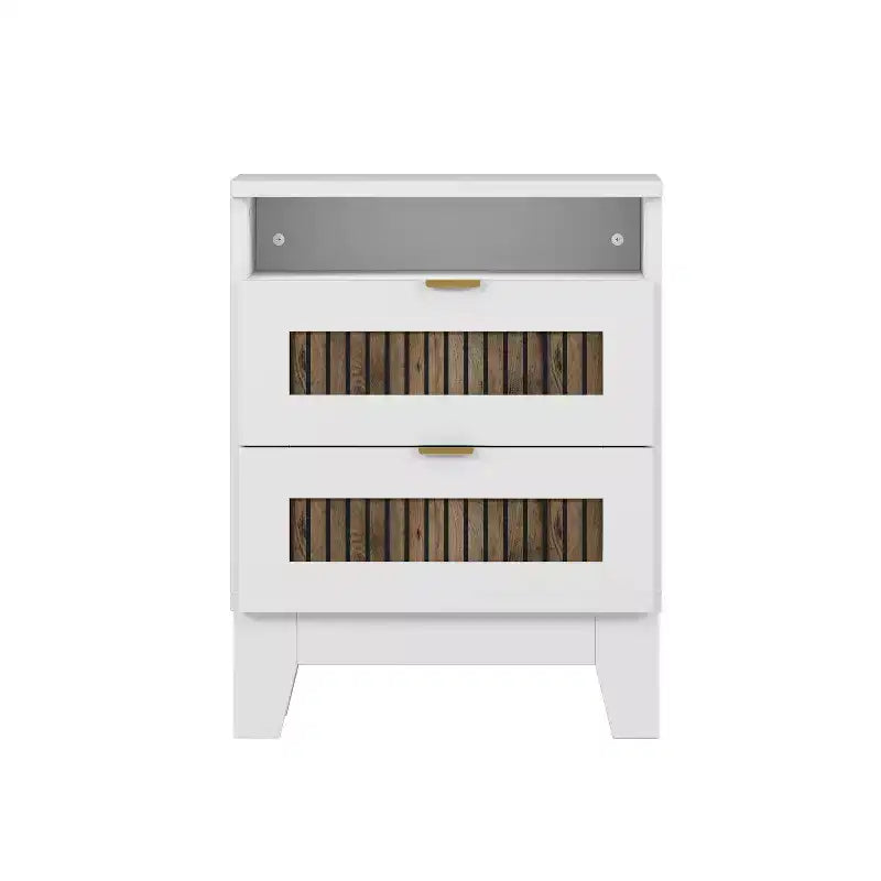 Set da 4 Pezzi MAYEERTY per Camera da Letto, Letto a Piattaforma Queen Size con Adesivi in Strisce di Legno Decorativo Comodino Contenitore e Cassettiera con Maniglie in Metallo per Camera da Letto Bianco