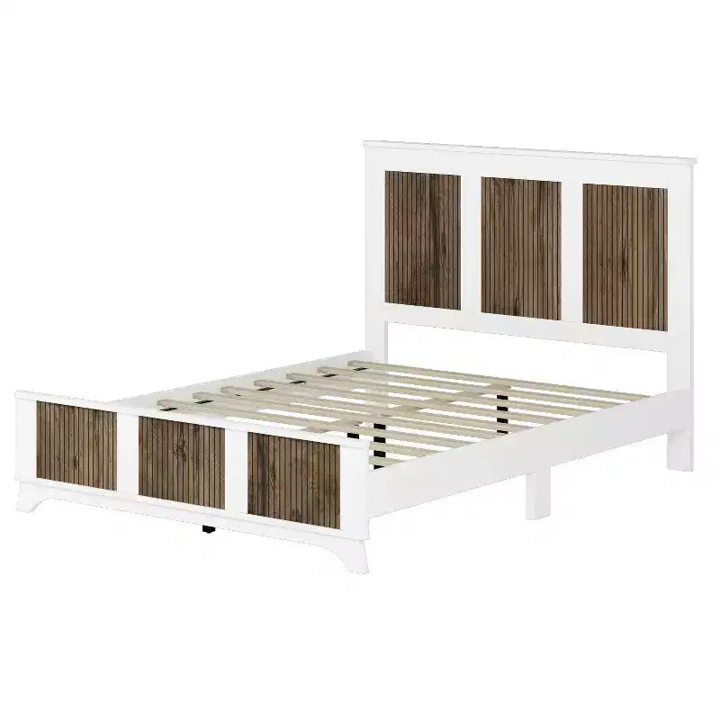Set da 4 Pezzi MAYEERTY per Camera da Letto, Letto a Piattaforma Queen Size con Adesivi in Strisce di Legno Decorativo Comodino Contenitore e Cassettiera con Maniglie in Metallo per Camera da Letto Bianco