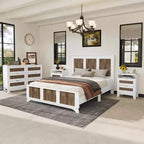 Set da 4 Pezzi MAYEERTY per Camera da Letto, Letto a Piattaforma Queen Size con Adesivi in Strisce di Legno Decorativo Comodino Contenitore e Cassettiera con Maniglie in Metallo per Camera da Letto Bianco