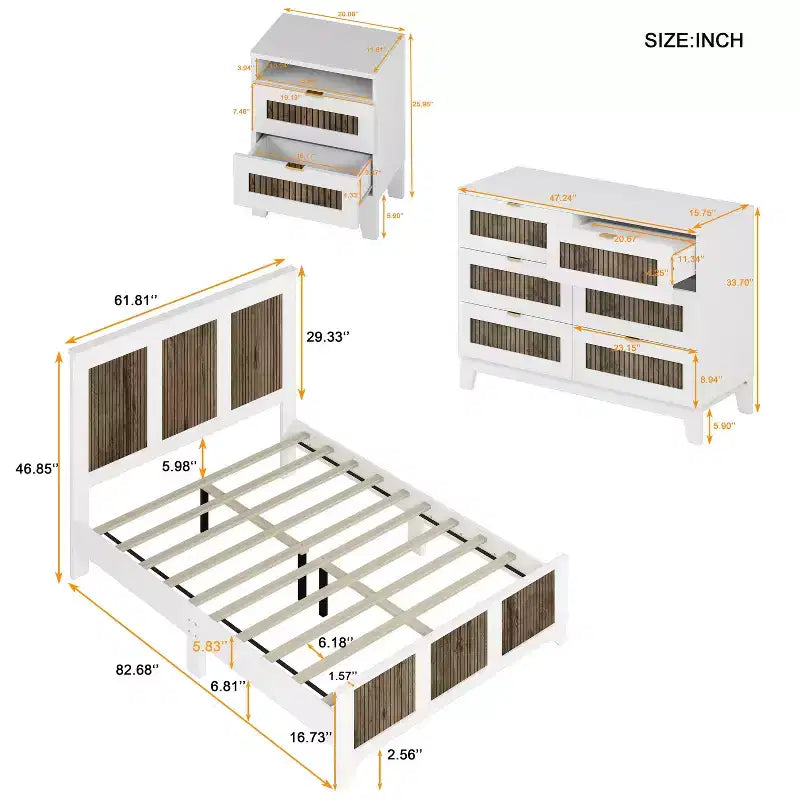 Set da 4 Pezzi MAYEERTY per Camera da Letto, Letto a Piattaforma Queen Size con Adesivi in Strisce di Legno Decorativo Comodino Contenitore e Cassettiera con Maniglie in Metallo per Camera da Letto Bianco