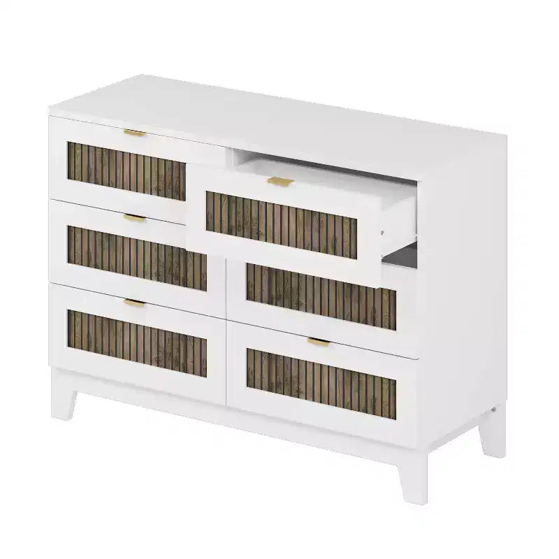 Set da 4 Pezzi MAYEERTY per Camera da Letto, Letto a Piattaforma Queen Size con Adesivi in Strisce di Legno Decorativo Comodino Contenitore e Cassettiera con Maniglie in Metallo per Camera da Letto Bianco