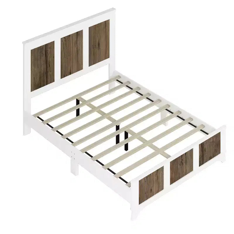 Set da 4 Pezzi MAYEERTY per Camera da Letto, Letto a Piattaforma Queen Size con Adesivi in Strisce di Legno Decorativo Comodino Contenitore e Cassettiera con Maniglie in Metallo per Camera da Letto Bianco