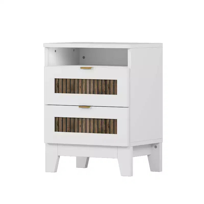 Set da 4 Pezzi MAYEERTY per Camera da Letto, Letto a Piattaforma Queen Size con Adesivi in Strisce di Legno Decorativo Comodino Contenitore e Cassettiera con Maniglie in Metallo per Camera da Letto Bianco