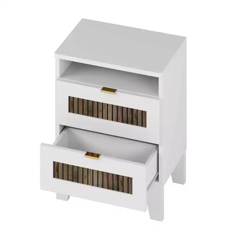 Set da 4 Pezzi MAYEERTY per Camera da Letto, Letto a Piattaforma Queen Size con Adesivi in Strisce di Legno Decorativo Comodino Contenitore e Cassettiera con Maniglie in Metallo per Camera da Letto Bianco