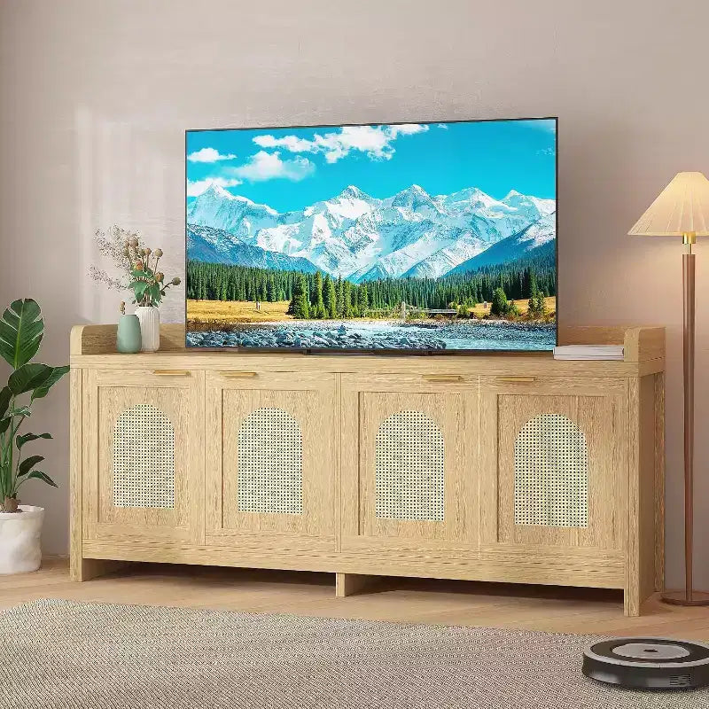 Mobile TV in legno per TV da 65 pollici, mobile porta TV con ante in vetro e ripiani, console TV moderna per soggiorno o sala multimediale