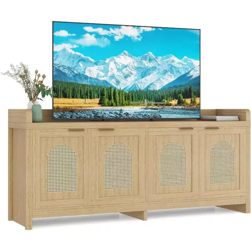 Mobile TV in legno per TV da 65 pollici, mobile porta TV con ante in vetro e ripiani, console TV moderna per soggiorno o sala multimediale