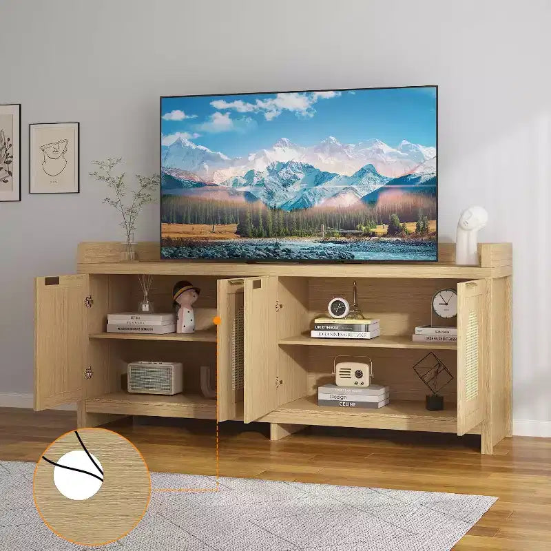 Mobile TV in legno per TV da 65 pollici, mobile porta TV con ante in vetro e ripiani, console TV moderna per soggiorno o sala multimediale
