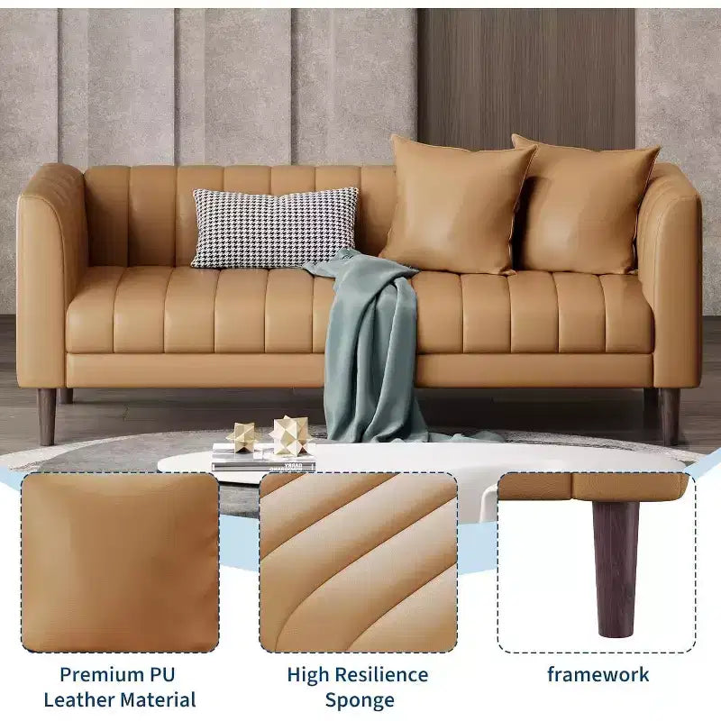 Divani Divanetti in Ecopelle con 2 Cuscini Decorativi, Divanetto Moderno di Metà Secolo, Divano a 3 Posti e Gambe in Legno, Facile da Montare, per Soggiorno