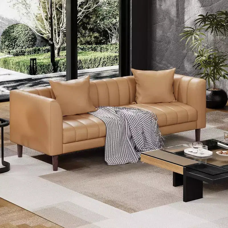 Divani Divanetti in Ecopelle con 2 Cuscini Decorativi, Divanetto Moderno di Metà Secolo, Divano a 3 Posti e Gambe in Legno, Facile da Montare, per Soggiorno