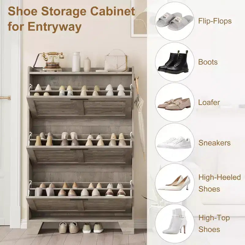 Cassettiera Portascarpe a 3 Ribalte Stile Rustico Mobile Scarpiera Sottile Nascosta Organizer per Scarpe Autoportante Salvaspazio per Ingresso Piccoli Spazi