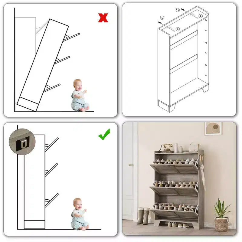 Cassettiera Portascarpe a 3 Ribalte Stile Rustico Mobile Scarpiera Sottile Nascosta Organizer per Scarpe Autoportante Salvaspazio per Ingresso Piccoli Spazi