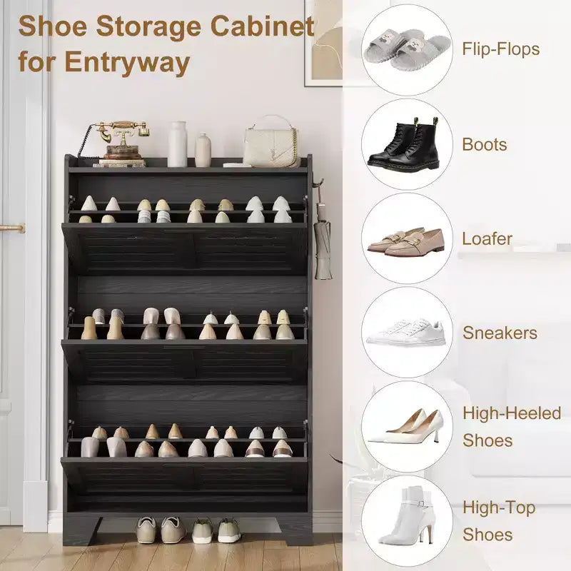 Cassettiera Portascarpe a 3 Ribalte Stile Rustico Mobile Scarpiera Sottile Nascosta Organizer per Scarpe Autoportante Salvaspazio per Ingresso Piccoli Spazi