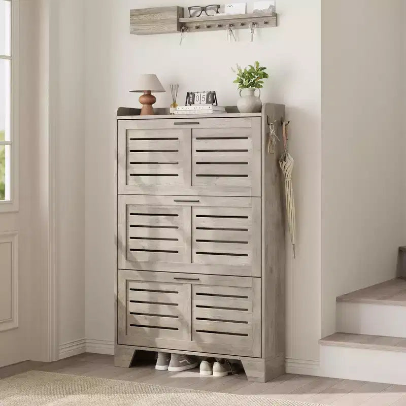 Cassettiera Portascarpe a 3 Ribalte Stile Rustico Mobile Scarpiera Sottile Nascosta Organizer per Scarpe Autoportante Salvaspazio per Ingresso Piccoli Spazi